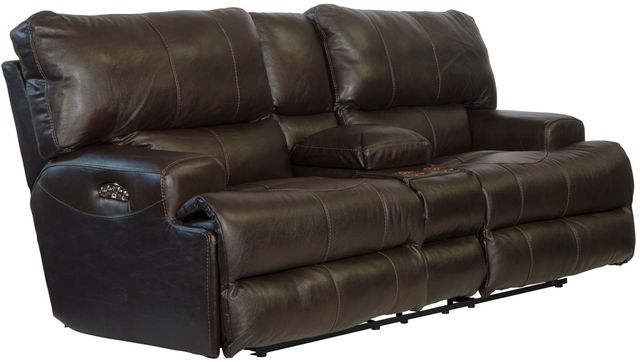 Catnapper® Wembley Chocolate Leather Power Lay Flat Reclining Console Loveseat with Power Adjustable Headrest and Power Adjustable Lumbar Support-0