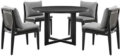 Front view of the Armen Living Cayman 5-Piece Black/Gray Aluminum/Fabric/Rattan Outdoor Round Dining Table Set