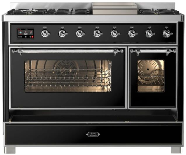 Ilve® Majestic III 48" Glossy Black Pro Style Dual Fuel Liquid Propane Range with Triple Glass Door and Chrome Trim-1