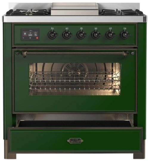 Ilve® Majestic III 36" Emerald Green Pro Style Dual Fuel Natural Gas Range with 6 Black Brass Burners and Burnished Trim-2