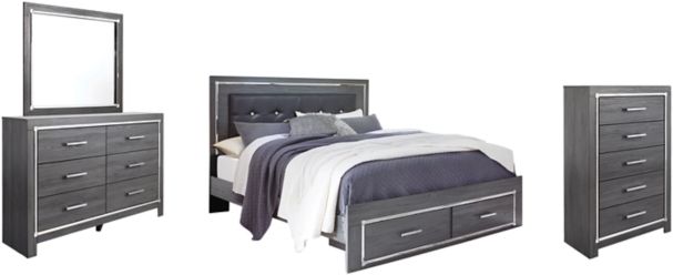 Signature Design by Ashley® Lodanna 4-Piece Gray King Panel Bed with 2 Storage Drawers with Mirrored Dresser and Chest Set