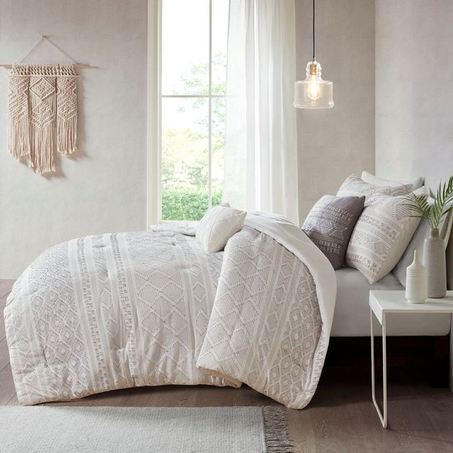 Olliix by Urban Habitat White/Grey Full/Queen Lizbeth 5 Piece Cotton Clip Jacquard Comforter Set-3