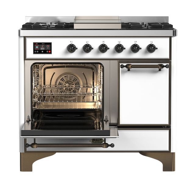 Ilve® Majestic III 40" White Pro Style Dual Fuel Natural Gas Range with Solid Door and Burnished Trim-2