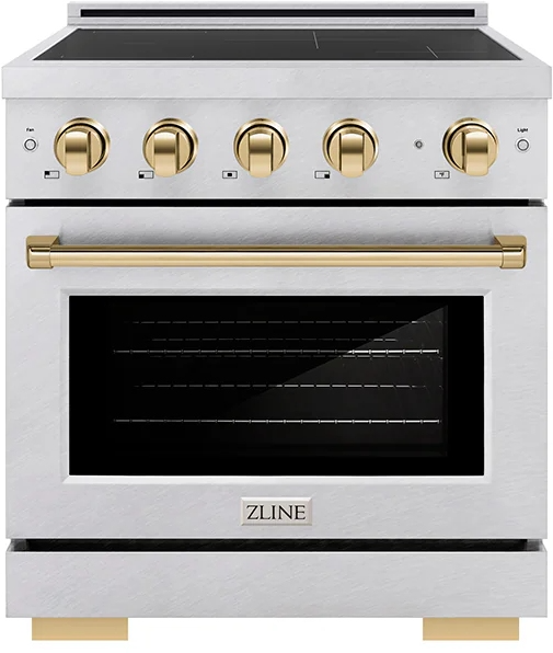 ZLINE Autograph Edition 30 in. 4.2 cu. ft. Paramount Induction Range with 4 Element Cooktop and Electric Convection Oven in Satin Stainless Steel with Polished Gold Accents (SINRSZ-30-G)