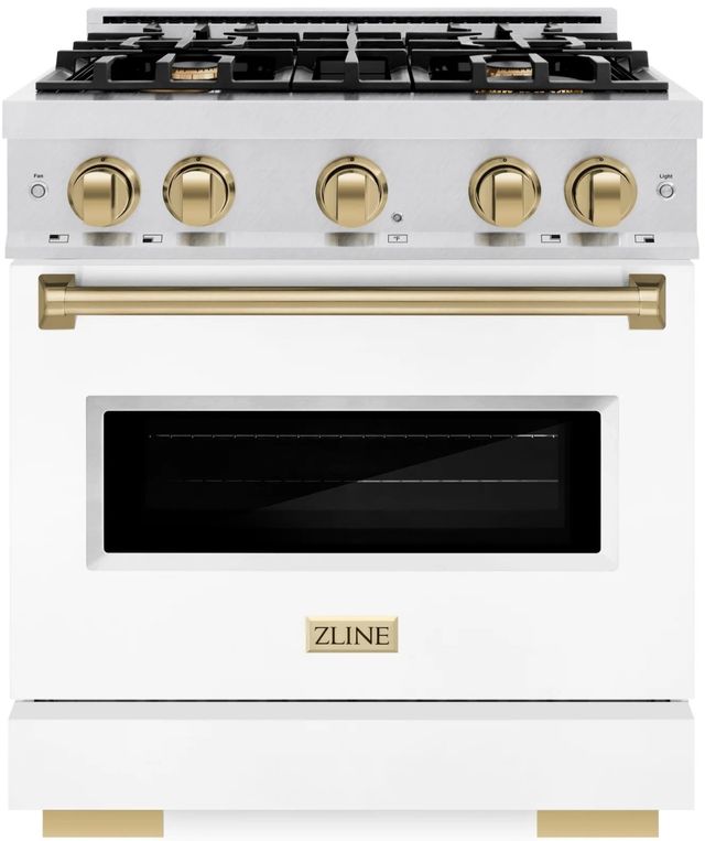 ZLINE Classic Autograph Edition 30" Satin Stainless Steel Pro Style Dual Fuel Range with White Matte Door and Champagne Bronze Accents-0