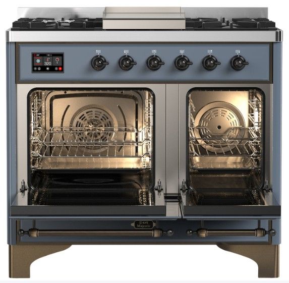 Ilve® Majestic III 40" Blue Gray Pro Style Dual Fuel Liquid Propane Range with Solid Door and Burnished Trim-1