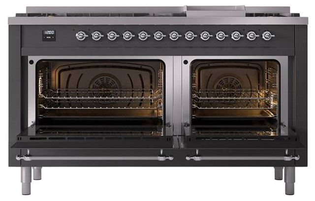 Ilve® Nostalgie II Noblesse 60'' Graphite Matte Pro Style Dual Fuel Range with Chrome Trim-2