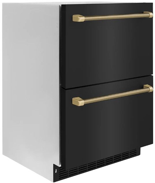 ZLINE Autograph Edition Touchstone 24 " 4.6 Cu. Ft. Black Stainless Steel 168 Can Outdoor-Rated Dual Refrigerator Drawer with Polished Gold Helix Handles -1