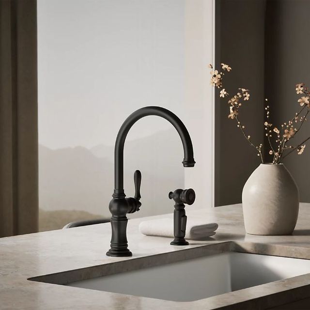 KOHLER® Artifacts® Matte Black Single-Handle Kitchen Sink Faucet with 2-Function Sprayhead-1