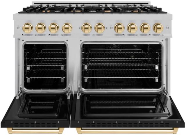 ZLINE Autograph Edition 48" Satin Stainless Steel Pro Style Double Oven Dual Fuel Range with Black Matte Doors and Polished Gold Accents-3
