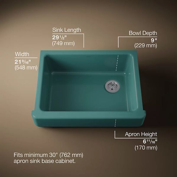 KOHLER® Whitehaven® Teal 30" Undermount Single-Bowl Farmhouse Kitchen Sink with Short Apron-2
