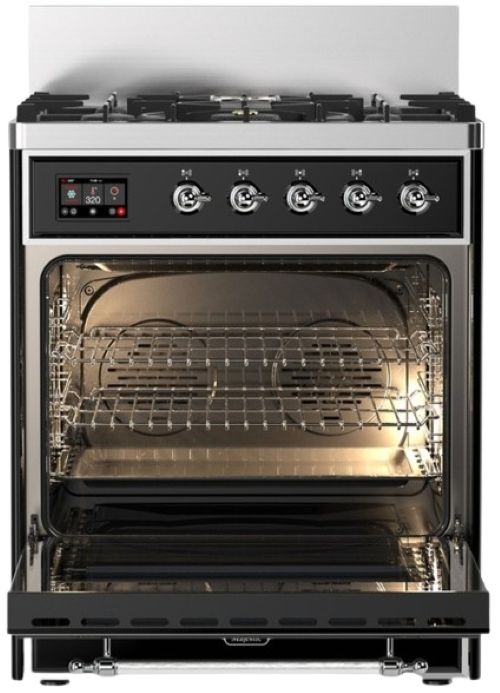 Ilve® Majestic III 30" Glossy Black Pro Style Dual Fuel Liquid Propane Range with 5 Black Brass Burners and Chrome Trim-1