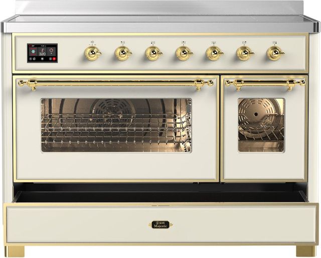 Ilve® Majestic III 48" Antique White Pro Style Induction Range with 6 Elements and Brass Trim-2