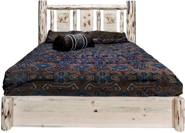 Montana Woodworks® Montana Collection Ready to Finish Queen Platform Storage Bed with Laser Engraved Bear Design-1
