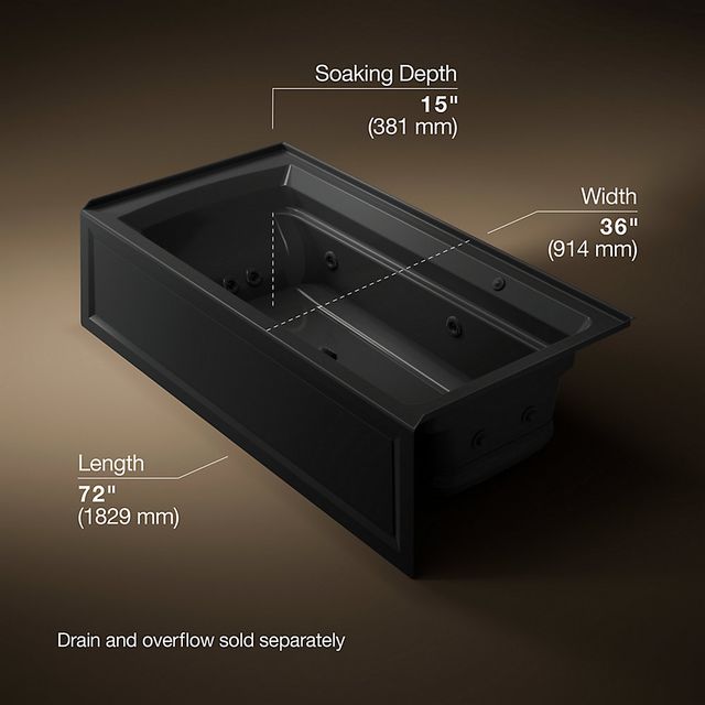 KOHLER® Archer® Black 72" x 36" Alcove Heated Bubble Massage™ Air Bath and Whirlpool - Right Drain-2