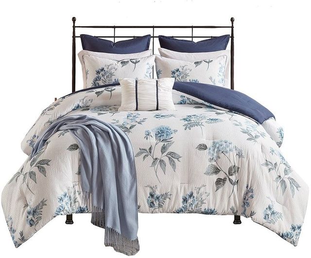 Olliix by Madison Park 7 Piece Blue Full/Queen Zennia Printed Seersucker Comforter Set with Throw Blanket-0