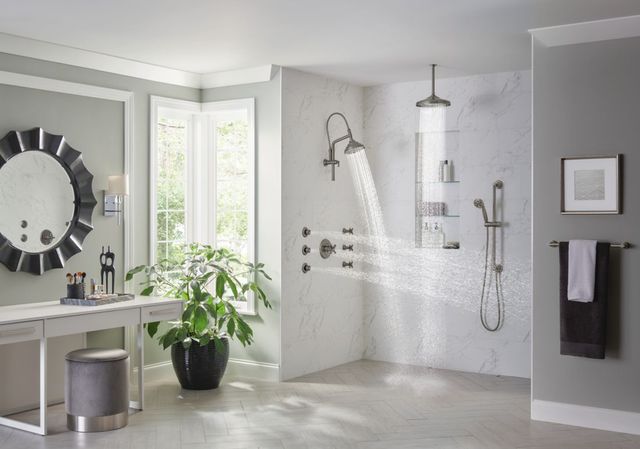 Brizo Essential™ Brilliance® Luxe Steel® 7" Classic Round H2Okinetic® Multi-Function Wall Mount Shower Head-1