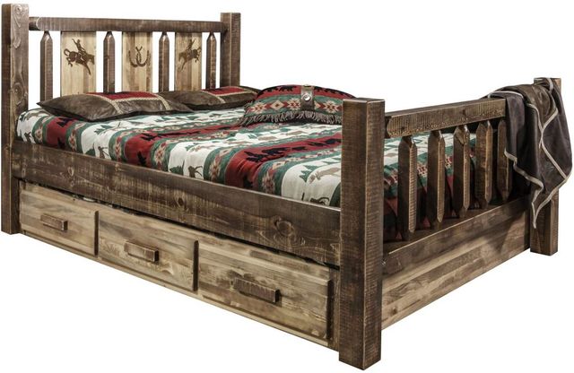 Montana Woodworks® Homestead Stain & Clear Lacquer King Storage Bed with Laser Engraved Bronc Design-0