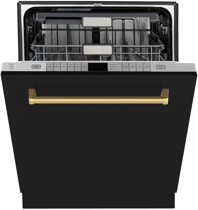ZLINE Autograph Edition Monument 24" Black Matte 3rd Rack Tall Tub Top Control Built In Dishwasher with Polished Gold Handle-1