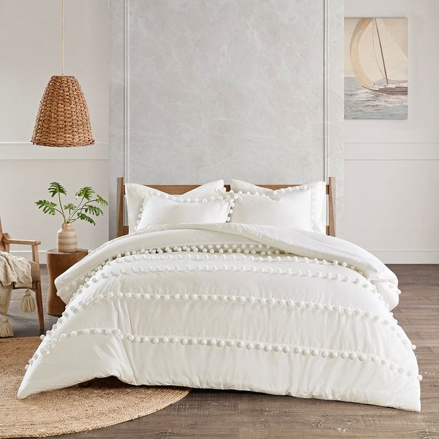 Olliix by Madison Park 3 Piece Ivory Full/Queen Leona Pom Pom Cotton Comforter Set-1