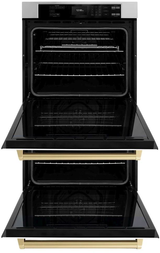 ZLINE Autograph Edition Professional 30" Stainless Steel Double Electric Wall Oven with White Matte Doors and Champagne Bronze Accents-2
