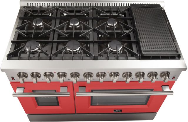 FORNO® Galiano 48" Stainless Steel Pro Style Dual Fuel Range with Red Door-2