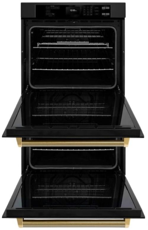 ZLINE Autograph Edition 30" Black Stainless Steel with Polished Gold Helix Handles Professional True Convection Double Wall Oven with Air Fry and Self Clean-2