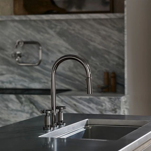 KOHLER® Billet® Vibrant Brushed Moderne Brass Touchless Kitchen Sink Faucet with 2-Function Sprayhead and Round Handles-2