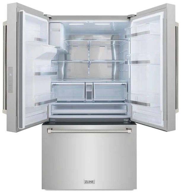ZLINE Autograph Edition 36" 28.9 Cu. Ft. Stainless Steel Standard-Depth French Door Fingerprint-Resistant Refrigerator with External Water Dispenser and Dual Ice Maker in Polished Nickel Helix Handles-3