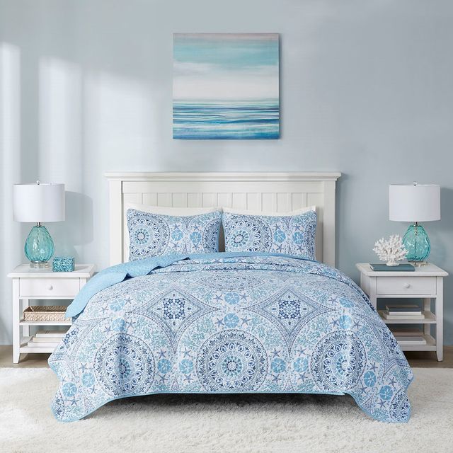 Olliix by 510 Design Breeze 3 Piece Printed Cotton Filled Blue Full/Queen Coverlet Set-0