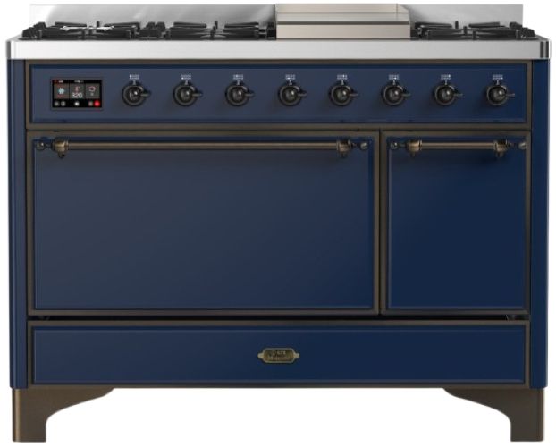 Ilve® Majestic III 48" Midnight Blue Pro Style Dual Fuel Liquid Propane Range with Solid Door and Burnished Trim-0