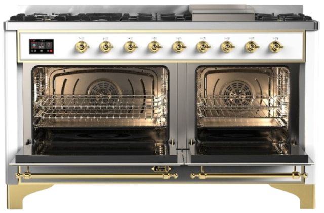 Ilve® Majestic III 60" White Pro Style Dual Fuel Liquid Propane Range with Solid Door and Brass Trim-1
