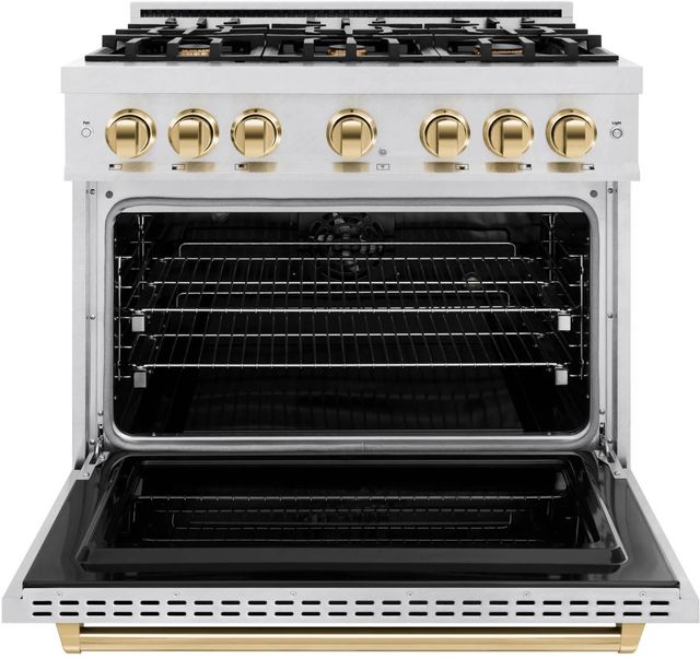 ZLINE Classic Autograph Edition 36" Satin Stainless Steel Pro Style Dual Fuel Range with Polished Gold Accents-1