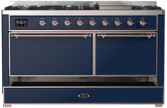 Ilve® Majestic III 60" Midnight Blue Pro Style Dual Fuel Liquid Propane Range with Solid Door and Copper Trim-1