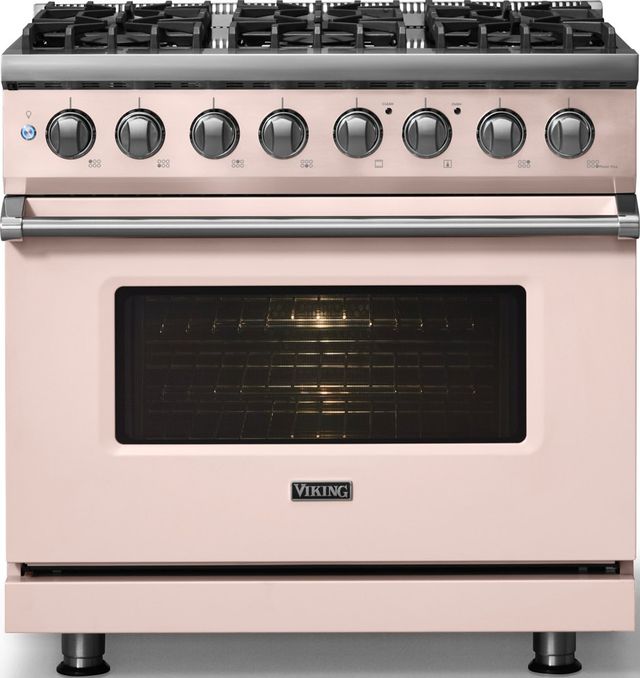 Viking® 5 Series 36" Blush Pro Style Dual Fuel (NG) Range with Polished Chrome Trim-2