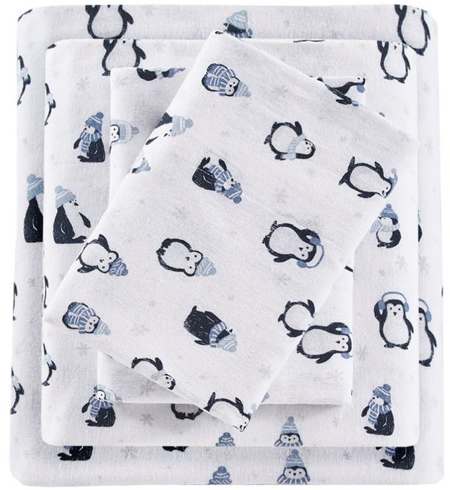 Olliix by Intelligent Design Cozy Soft Blue Penguins Twin Cotton Novelty Print Flannel Sheet Set-0