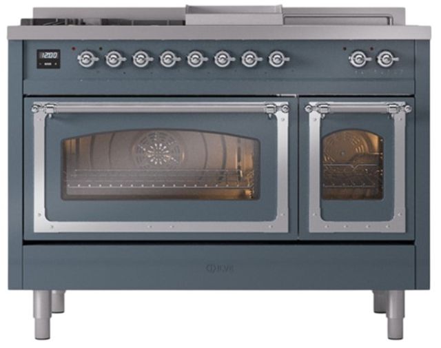Ilve® Nostalgie II Noblesse 48'' Blue Gray Pro Style Dual Fuel Range with Chrome Trim-1