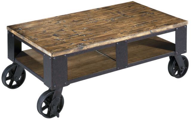 Magnussen Home® Pinebrook Distressed Natural Pine Rectangular Cocktail Table with Black Metal Casters-0