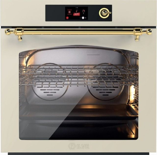 Ilve Nostalgie II 30” Antique White Pyrolytic Single Electric Wall Oven with Brass Trim-0