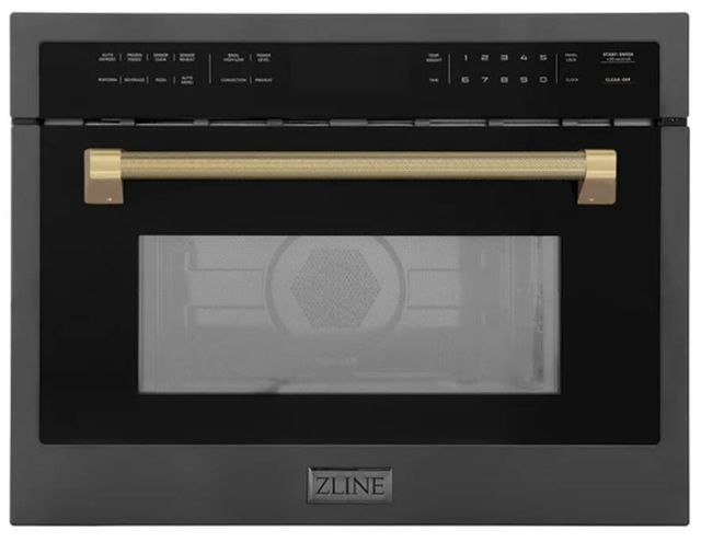 ZLINE Autograph Edition 24" 1.6 Cu. Ft. Black Stainless Steel Built-in Convection Microwave Oven with Polished Gold Helix Handle-0