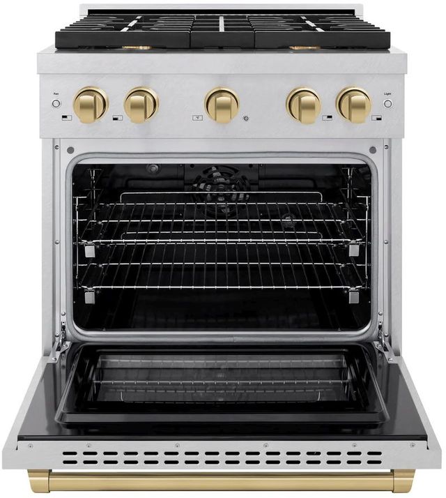 ZLINE Autograph Edition Paramount 30" Satin Stainless Steel Pro Style Dual Fuel Range with Champagne Bronze Accents-1