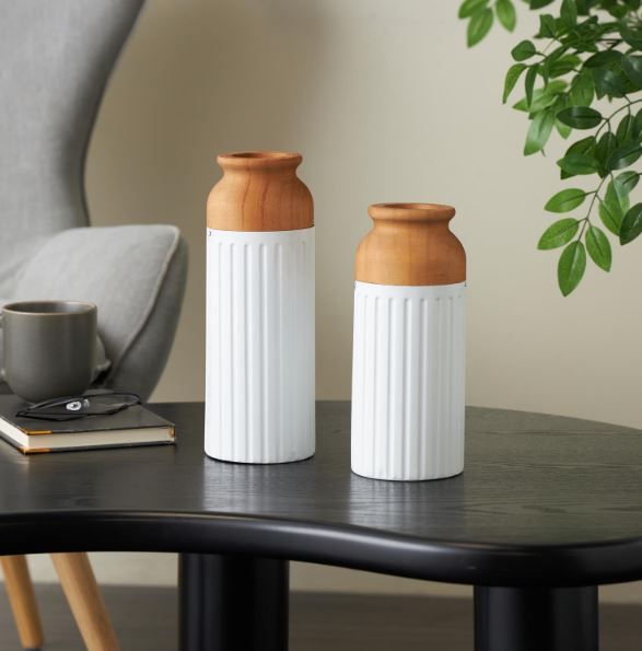 Deco Marche 2-Piece White Metal Decorative Vase with Brown Wood Tops Set-4