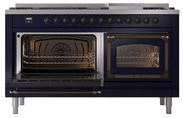 Ilve® Nostalgie II Noblesse 60'' Midnight Blue Pro Style Dual Fuel Range with Burnished Trim-3