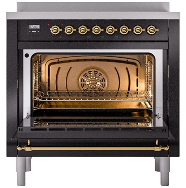 Ilve® Nostalgie II Noblesse 36'' Glossy Black Pro Style Induction Range with Brass Trim-1