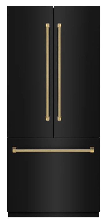 ZLINE Autograph Edition 36"  19.6 Cu. Ft. Black Stainless Steel French Door Built-In Bottom Freezer Refrigerator with Water Dispenser and Ice Maker in Graphite Gray Interior and Polished Gold Helix Handles-0