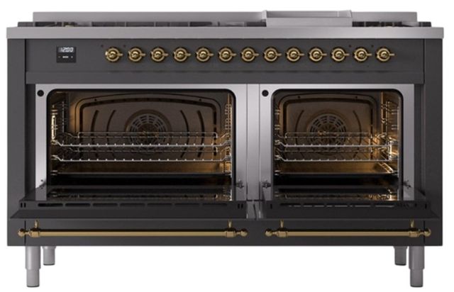 Ilve® Nostalgie II Noblesse 60'' Graphite Matte Pro Style Dual Fuel Range with Brass Trim-1