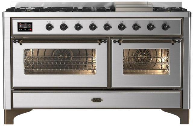 Ilve® Majestic III 60" Stainless Steel Pro Style Dual Fuel Liquid Propane Range with Triple Glass Door and Burnished Trim-0