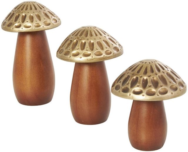Deco Marche 3-Piece Brown Mushroom Decorative Sculpture Set with Gold Tops and Groove Patterns-0