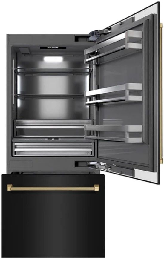 ZLINE Autograph Edition 36" 19.8 Cu. Ft. Black Stainless Steel Built In Bottom Freezer Refrigerator with Graphite Gray Interior and Champagne Bronze Helix Handles and Water Dispenser-2