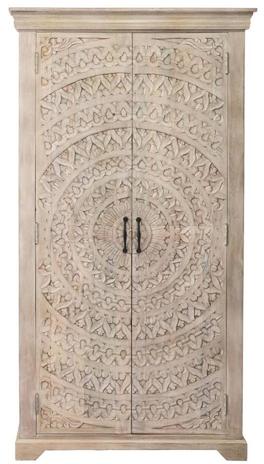Jaipur Furniture White Wash Carved Lace Wine Cabinet-0
